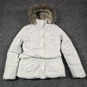 Aeropostale Jacket Womens M White Hooded Puffer Faux Fur Lined Belted Winter